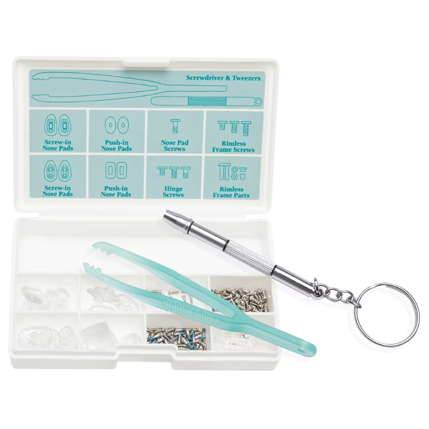 Eyeglass repair kit with screwdriver, tweezers, nose pads, nose pad screws, hinge screws, and rimless frame parts.