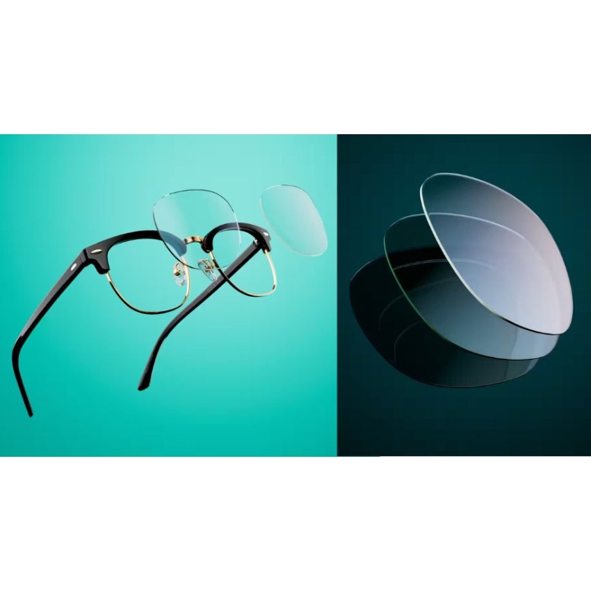 Glasses with detachable lenses, right side shows two lens options in close-up.