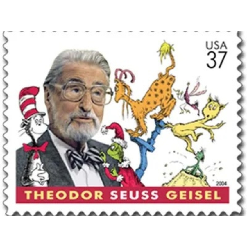 Theodor Seuss Geisel 2004 USA 37 stamp featuring Dr. Seuss with characters like the Cat in the Hat and the Grinch.