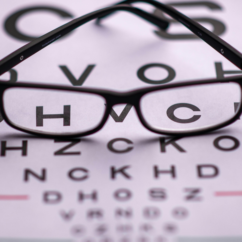 Black eyeglasses placed on an eye chart with letters H V C in focus.