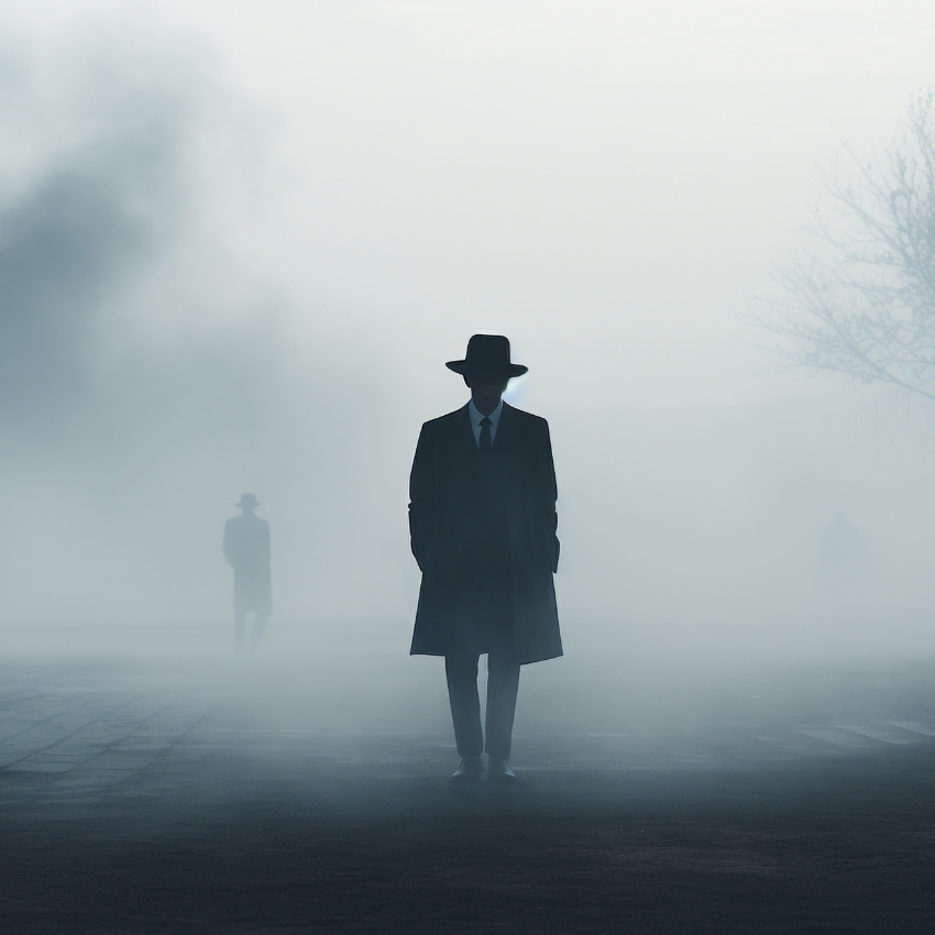 Silhouette of a person in a trench coat and hat standing in a foggy environment.