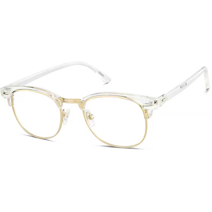 Clear plastic and gold-rimmed eyeglasses with adjustable nose pads. Text on temples: "Mealey" and "15403".