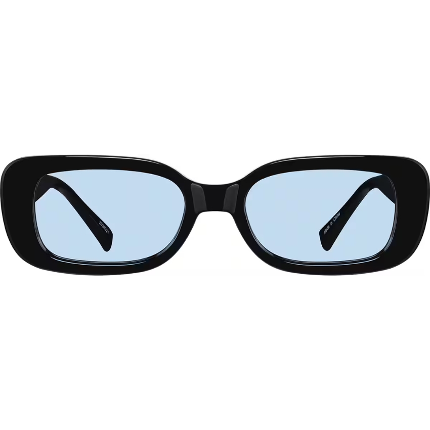 Rectangular black frame sunglasses with light blue lenses.