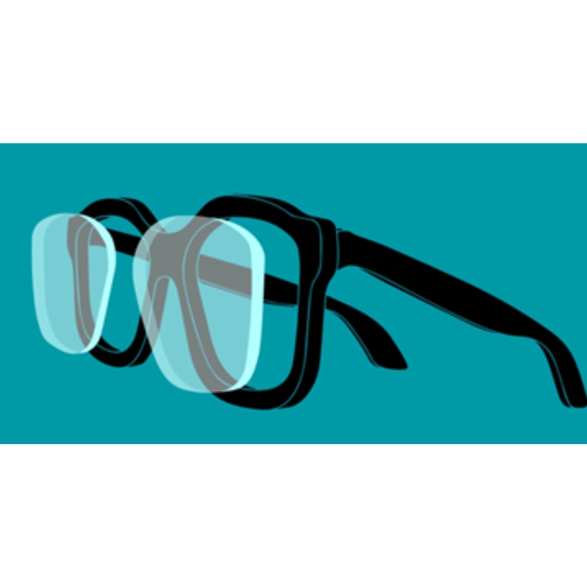 Black-rimmed eyeglasses on a teal background.