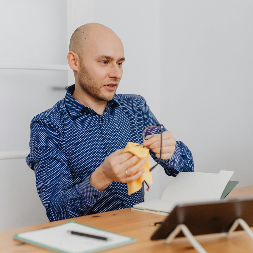 Man cleaning glasses with a yellow cloth, seated at a desk with an open notebook and tablet stand.