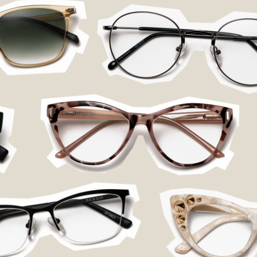 Assorted eyeglasses including round, square, and cat-eye frames. Text on black frame: "ZENNI 32110607".