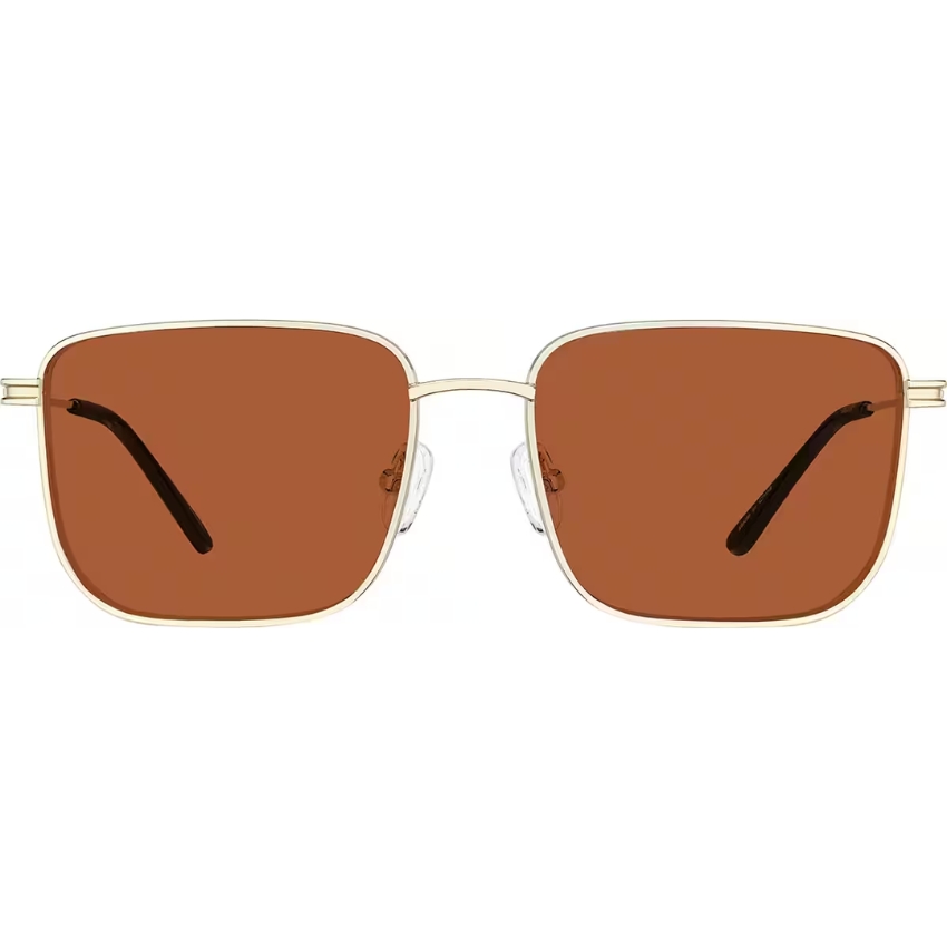 Gold-frame sunglasses with rectangular brown lenses and black temple tips.