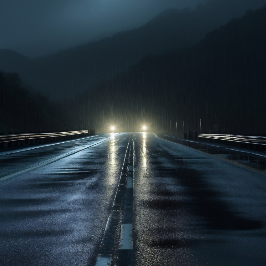 Two cars approach each other at night on a wet, rain-soaked road with headlights illuminating the way.