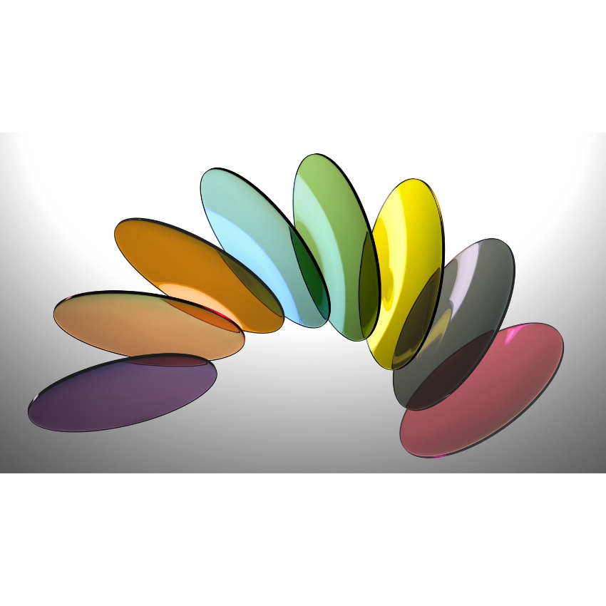 Colorful array of oval-shaped lenses in shades of yellow, green, blue, red, purple, and gray.