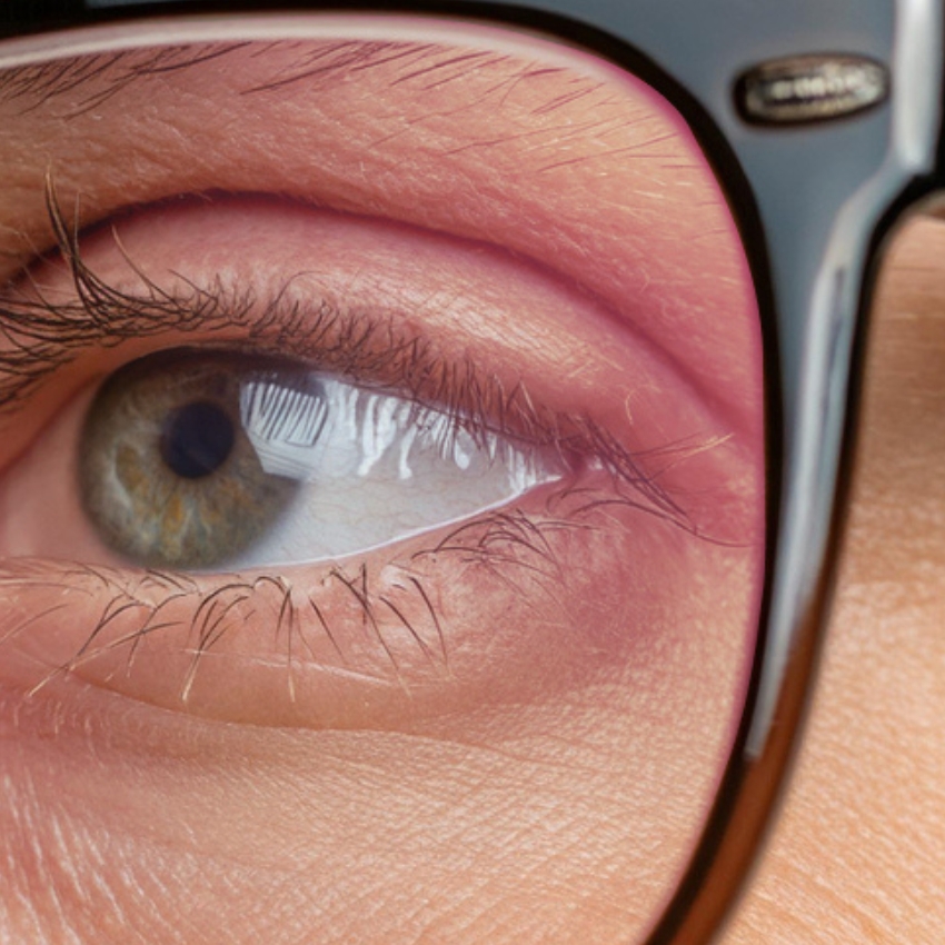 Close-up of a human eye wearing black-rimmed eyeglasses.