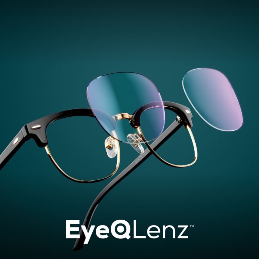 EyeQ Lenz logo with eyeglasses and detachable lenses.