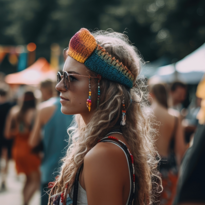 Woman wearing crocheted rainbow headband, mirrored sunglasses, and colorful beaded earrings.