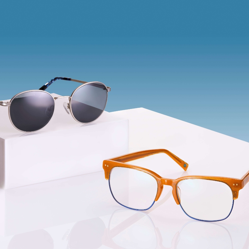 Round vintage sunglasses with silver frames and dark lenses. Orange rectangular eyeglasses with clear lenses.