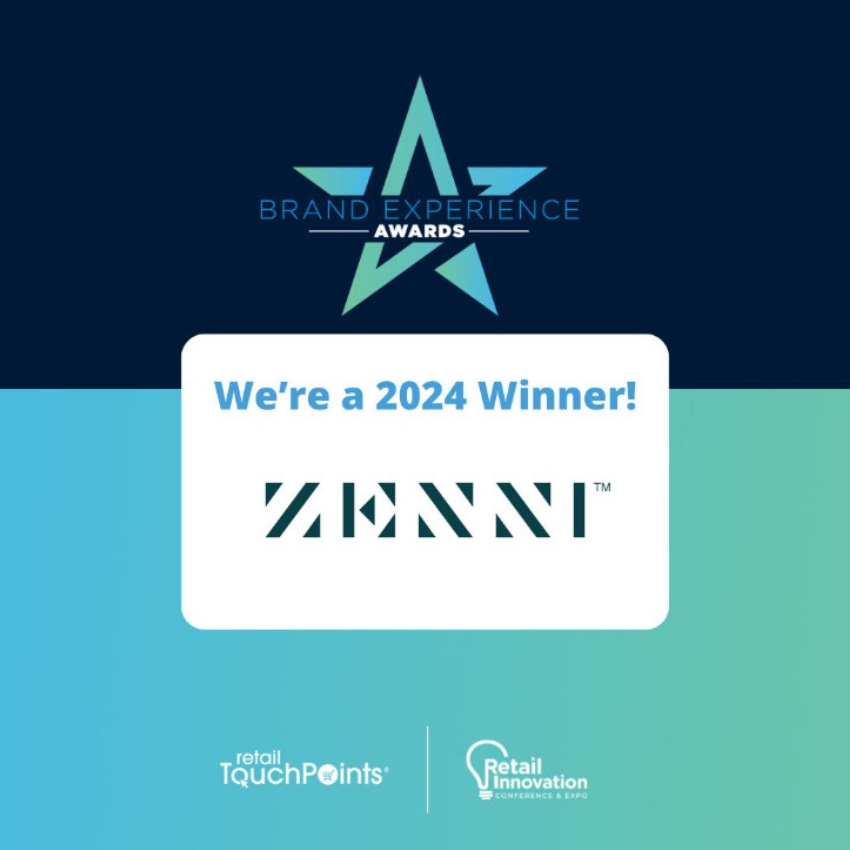 Brand Experience Awards logo. Text: "We're a 2024 Winner! Zenni. retail TouchPoints. Retail Innovation Conference & Expo."