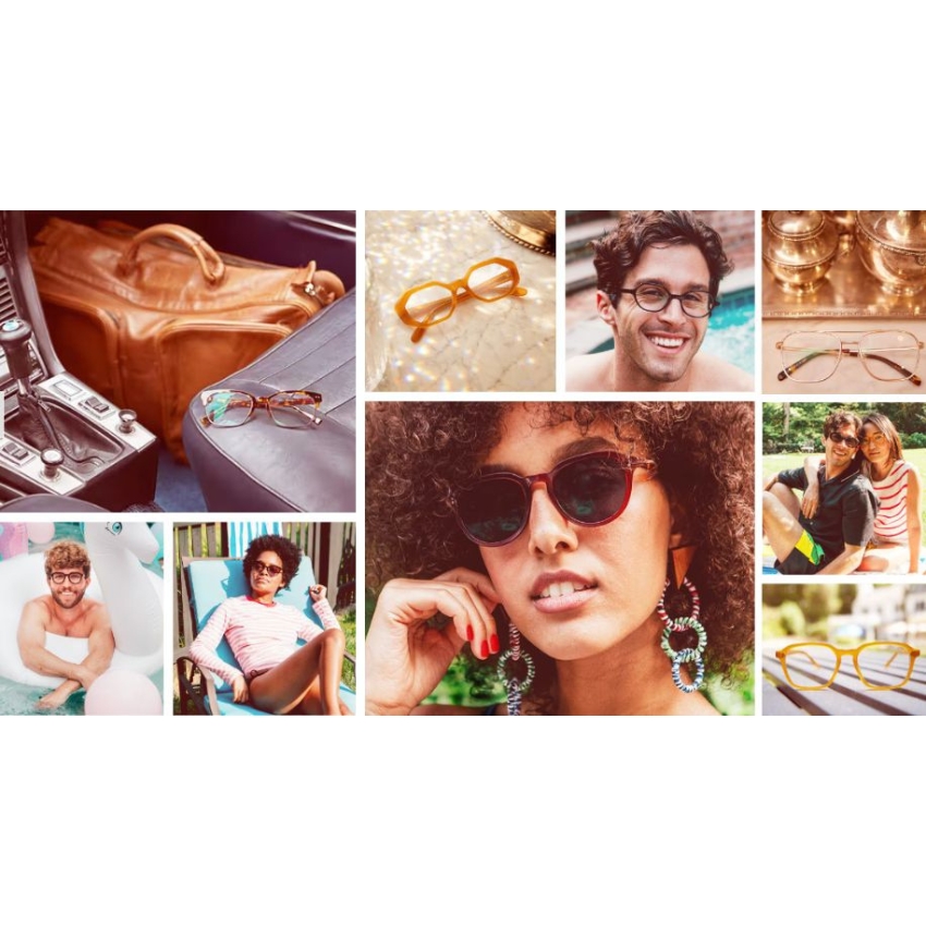 Collage of people wearing various styles of eyeglasses and sunglasses, including brown square frames and tortoiseshell sunglasses.