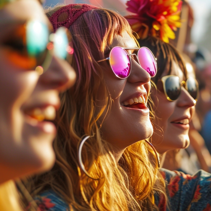 Three people wearing vibrant, reflective sunglasses, enjoying a sunny outdoor event.