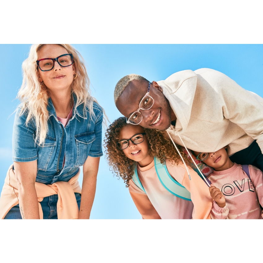 Family of four wearing stylish eyewear.