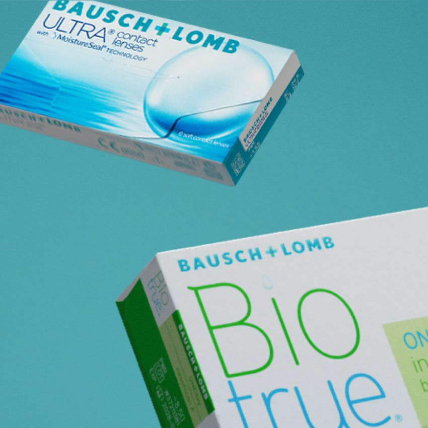 BAUSCH + LOMB ULTRA contact lenses with MoistureSeal Technology packaging and BAUSCH + LOMB Biotrue box.