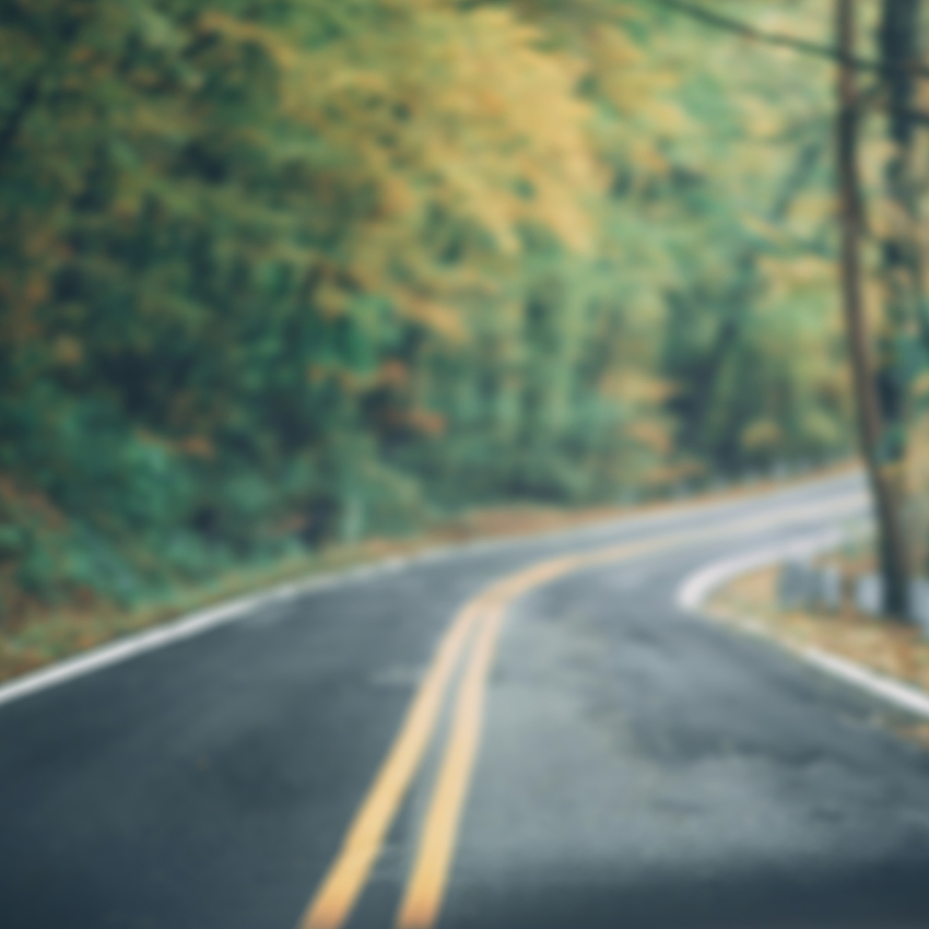 Curving road lined with yellow double lines, surrounded by blurred green and yellow trees.