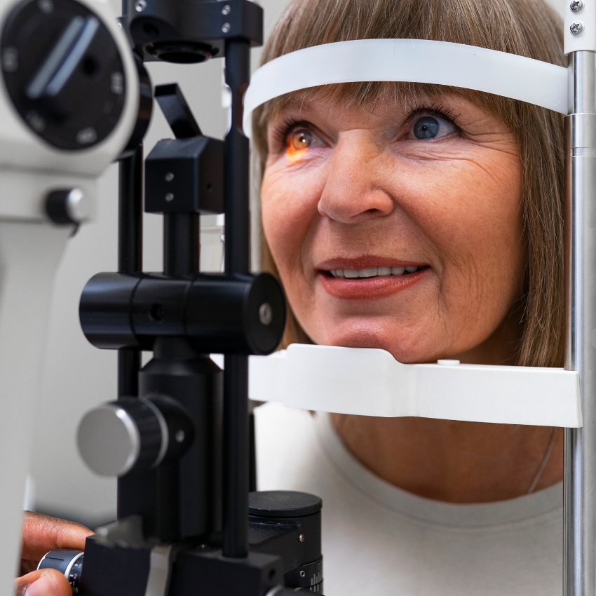 Woman undergoing an eye exam with a slit lamp biomicroscope.