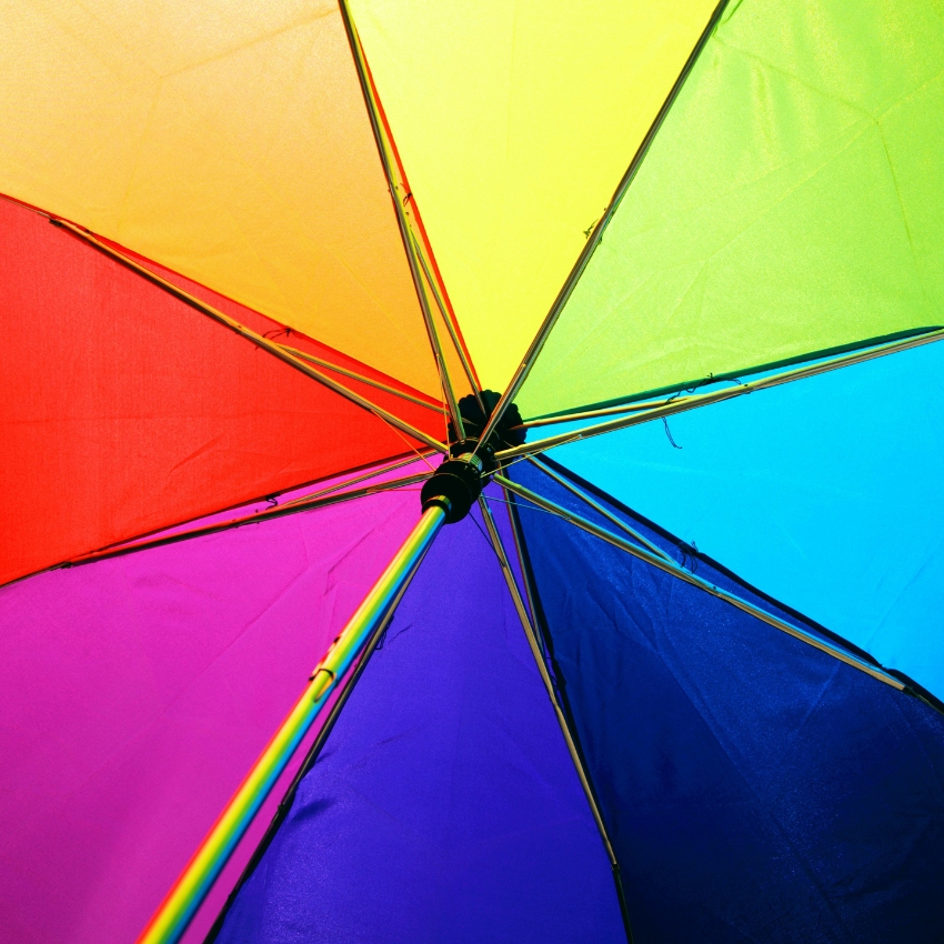 Multicolored umbrella with rainbow-colored panels.