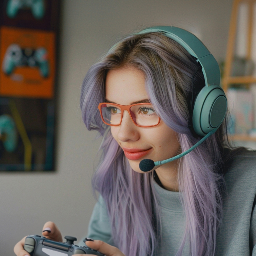 Person wearing a teal gaming headset and red glasses, holding a game controller.