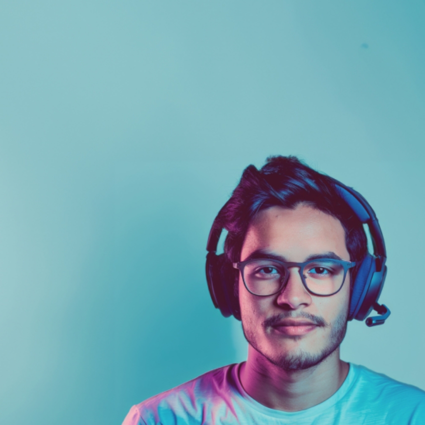 Man wearing over-ear gaming headset with built-in microphone and glasses against a blue background.