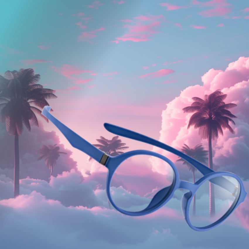 Blue-rimmed eyeglasses on pastel-colored cloud and palm tree background.