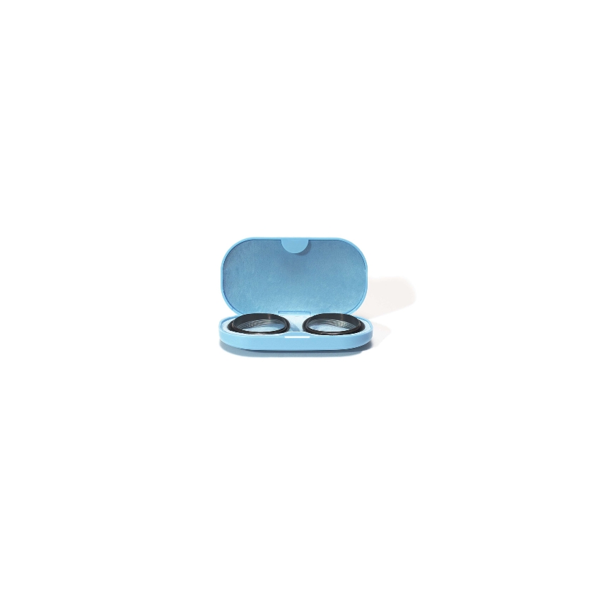 Blue contact lens case with two compartments, open lid.