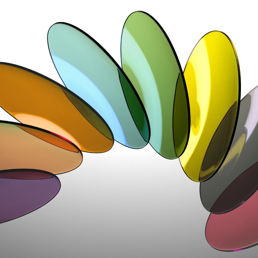 Assorted oval-shaped colored lenses arranged in an artistic, overlapping pattern.