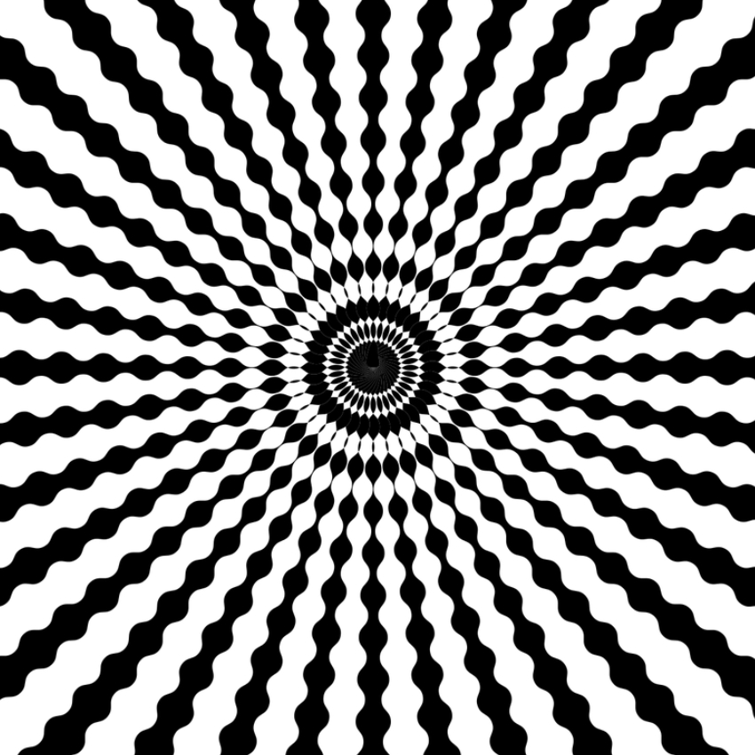 Wavy black and white radial pattern creating an optical illusion with a focal point in the center.