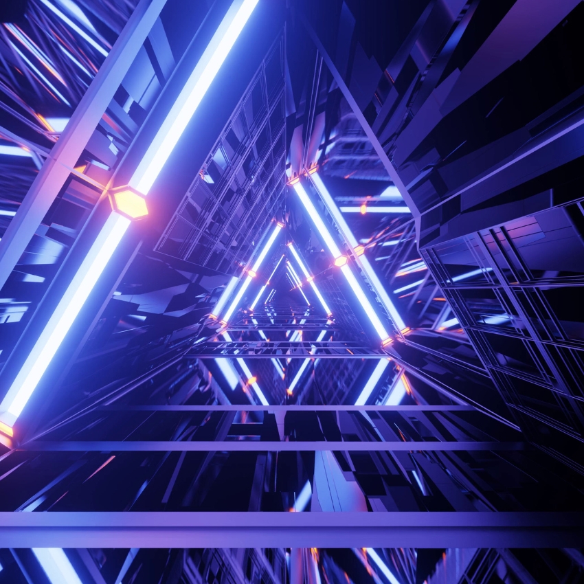 Futuristic triangular tunnel with neon blue and purple glowing lights and metallic structures.