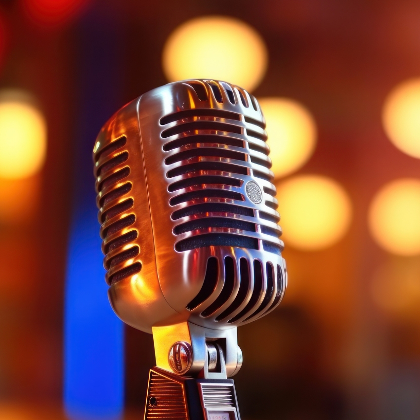 Vintage-style silver microphone with a grill design, against a colorful, blurred background.