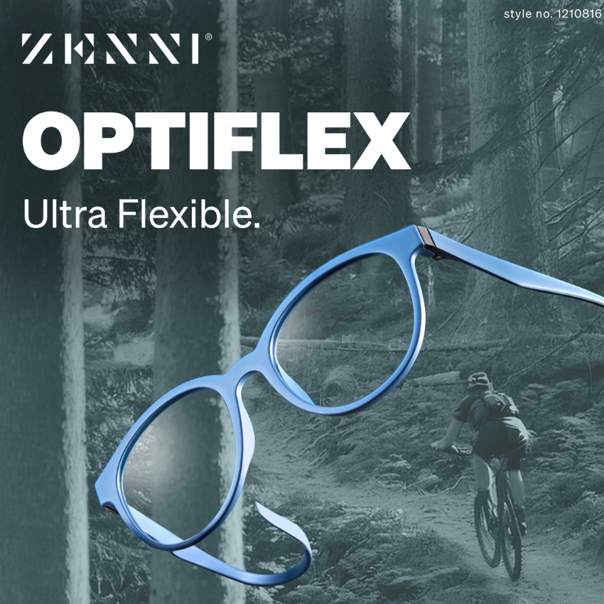 ZENNI OPTIFLEX Ultra Flexible. style no. 1210816. Blue flexible eyeglass frames with lens cutouts.