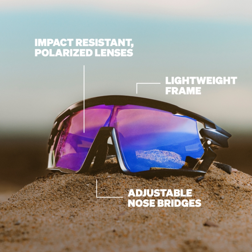 Impact resistant, polarized lenses sunglasses with a lightweight frame and adjustable nose bridges.