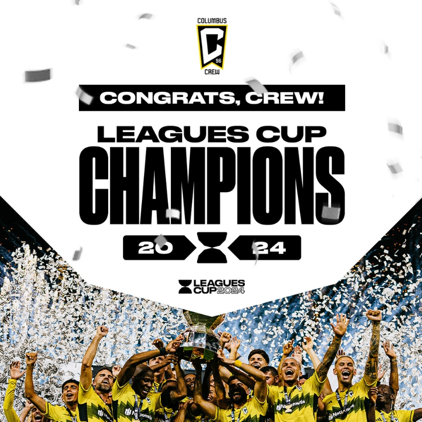 Congrats, Crew! Leagues Cup Champions 2024. Leagues Cup 2024. Group of players celebrate with trophy.