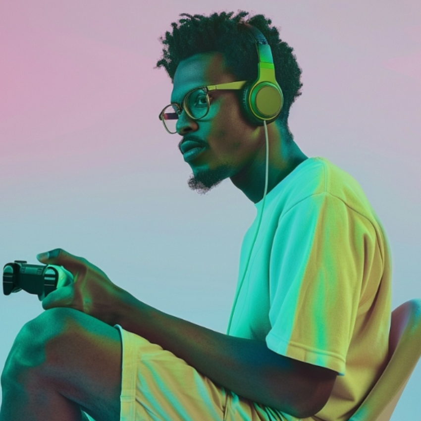 Man wearing green headphones and glasses, holding a black gaming controller, and sitting in a chair.