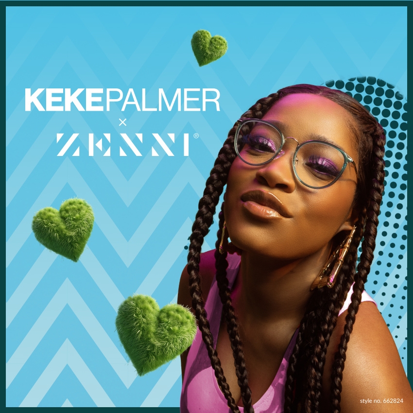 KEKE PALMER x ZENNI. Style no. 662824. Woman wearing Zenni glasses, pink top, long braids, green hearts floating around.