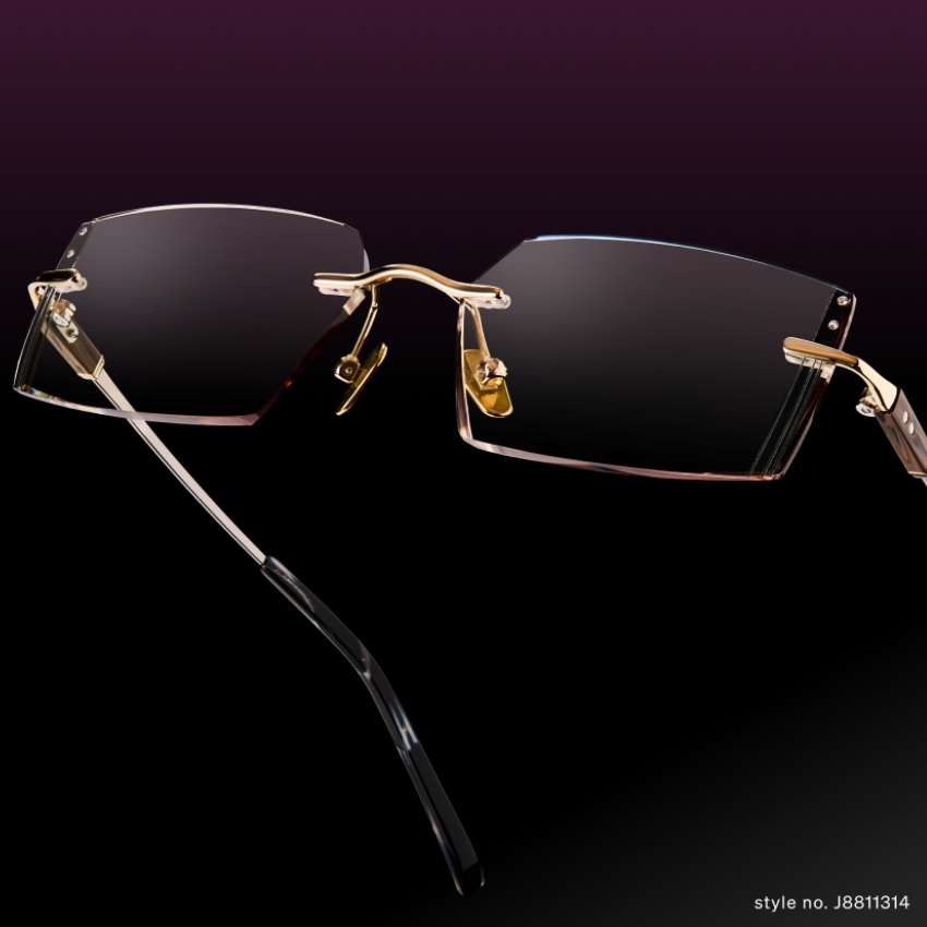 Rimless glasses with gold nose bridge and temple arms, model: J8811314.