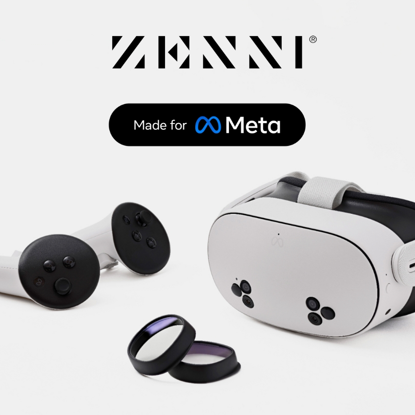 ZENNI, Made for Meta, white VR headset with two black controllers and a set of circular lens attachments.