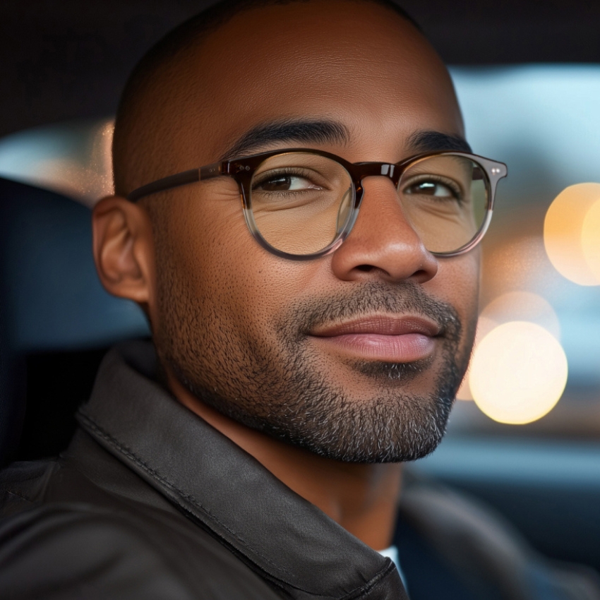 Man wearing round, brown-rimmed glasses with a leather jacket.