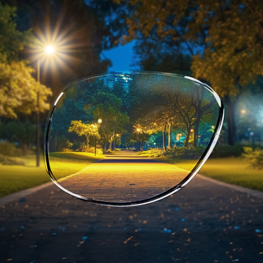 View through a pair of eyeglasses showing sharper and well-lit path in a park at night.