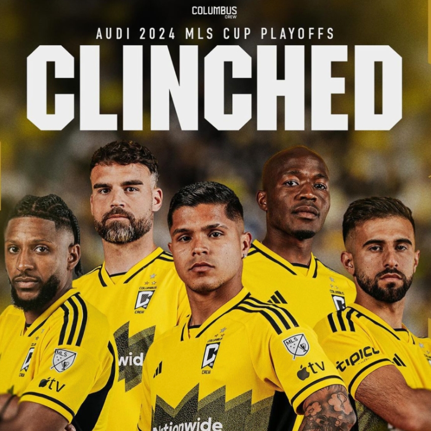 Columbus Crew players under text: "Audi 2024 MLS Cup Playoffs Clinched." Players wear yellow team jerseys.