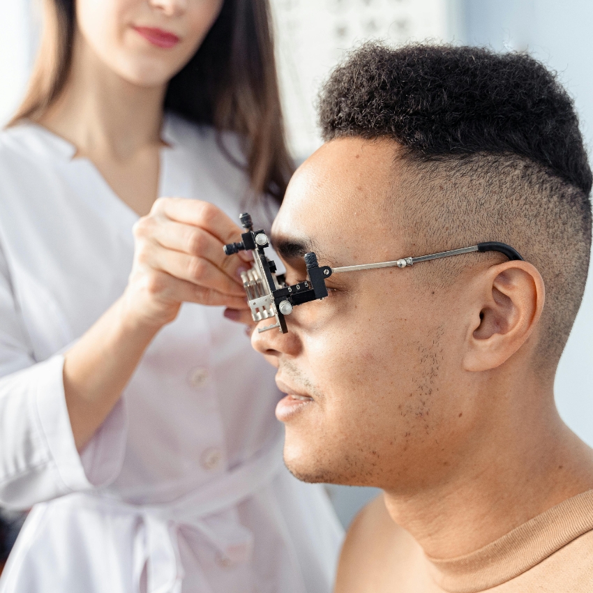 Man wearing eyeglasses with adjustable lens frame during an eye examination by an optical professional.