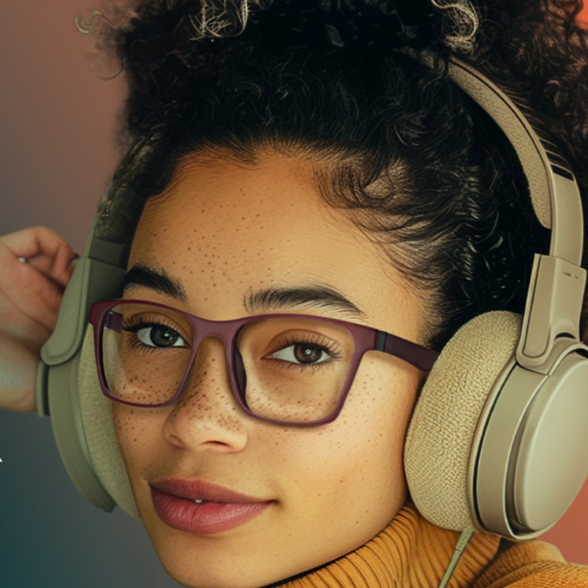 Headphones and red-frame glasses worn by a person.