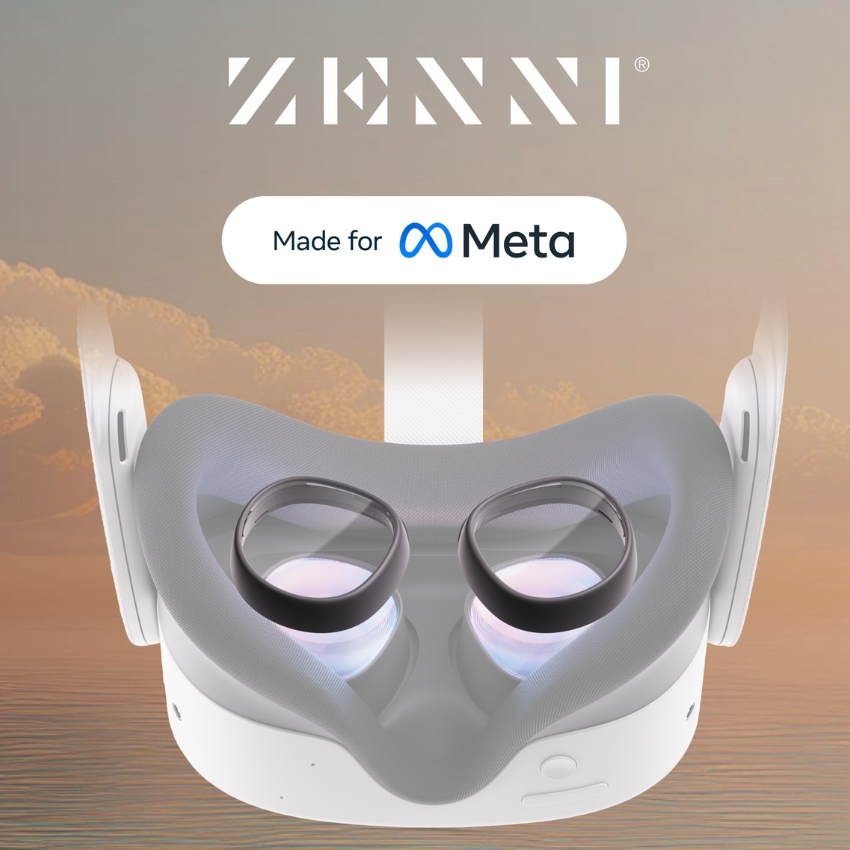 ZENNI and Made for Meta displayed on a VR headset view.