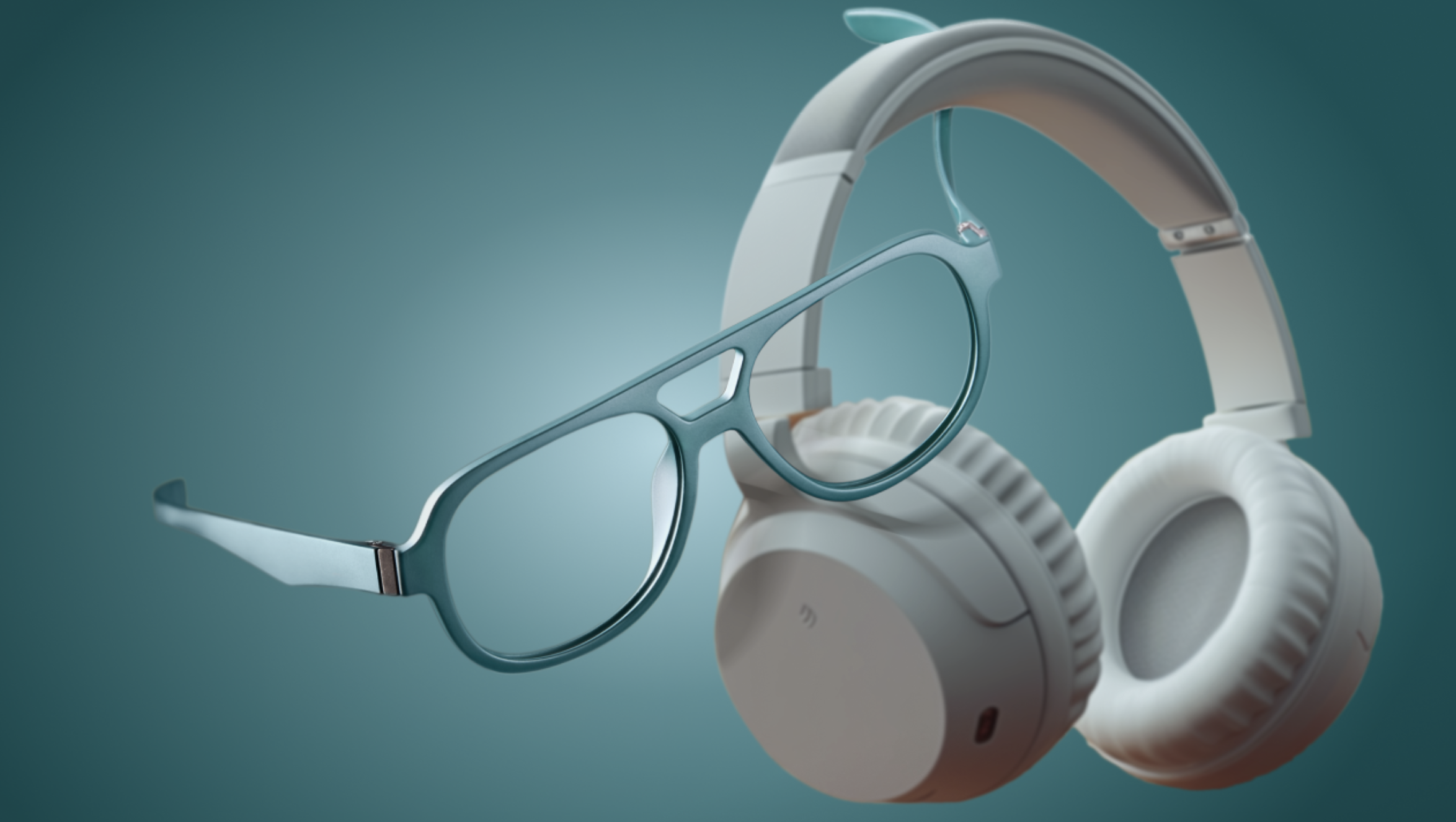 Teal glasses frame and white over-ear headphones on a teal background.