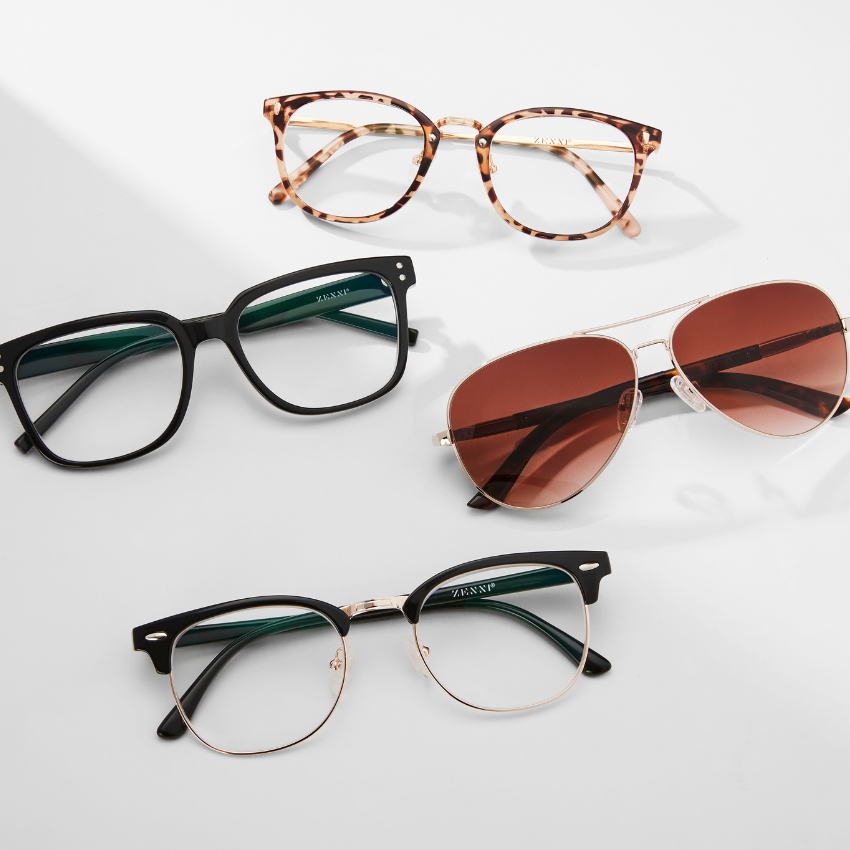 Four pairs of glasses, ZENNI brand: tortoiseshell, black, aviator with brown lenses, and round frames.