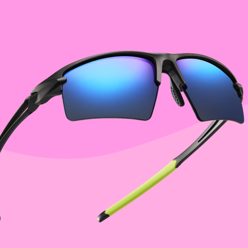 Black sunglasses with blue lenses and a green accent on the arms.