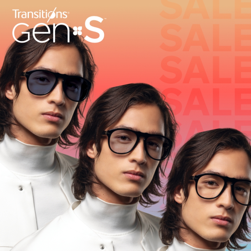 Transitions® Gen 8 sunglasses, sale background with the word "SALE" repeatedly displayed.